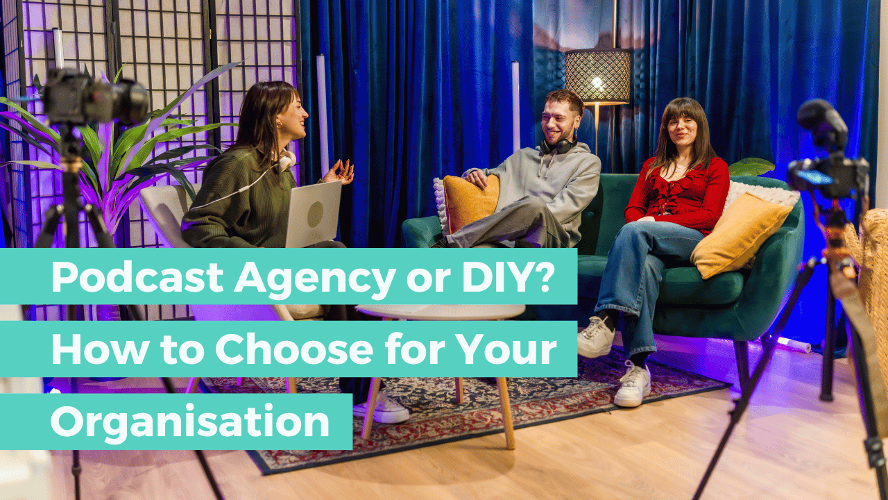 Three people recording a professional podcast in a studio setup with cameras and microphones — podcast agency or DIY production for organisations